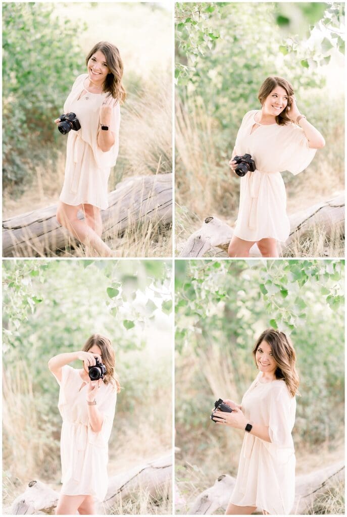 collage of four photos.
Brenda holding a camera, headshots in nature.